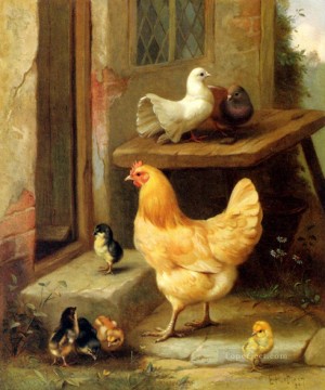  Edgar Art - A Poussins De Poule Et Pigeons Farm animaux Edgar Hunt